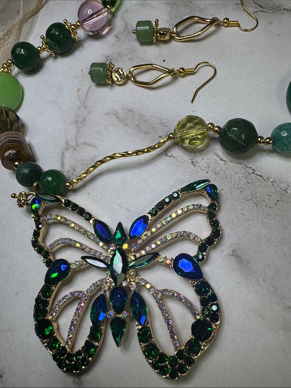 Green Crystal Butterfly Pendant Necklace with Earrings-Made in Mexico NWOT - Picture 2 of 5